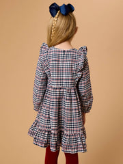 Girls Classic Dark Navy Houndstooth Woven Long Sleeve Waterfall Bow Dress