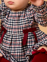 Baby Girls Classic Dark Navy Houndstooth Woven Long Sleeve Waterfall Bow Swing Top & Ruffle Bloomer Set
