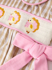 Fall Thanksgiving Lapel Plaid Chick Embroidery Smocking Bow Baby Girls Romper