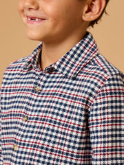 Boys Classic Dark Navy Houndstooth Long Sleeve Button Down Shirt