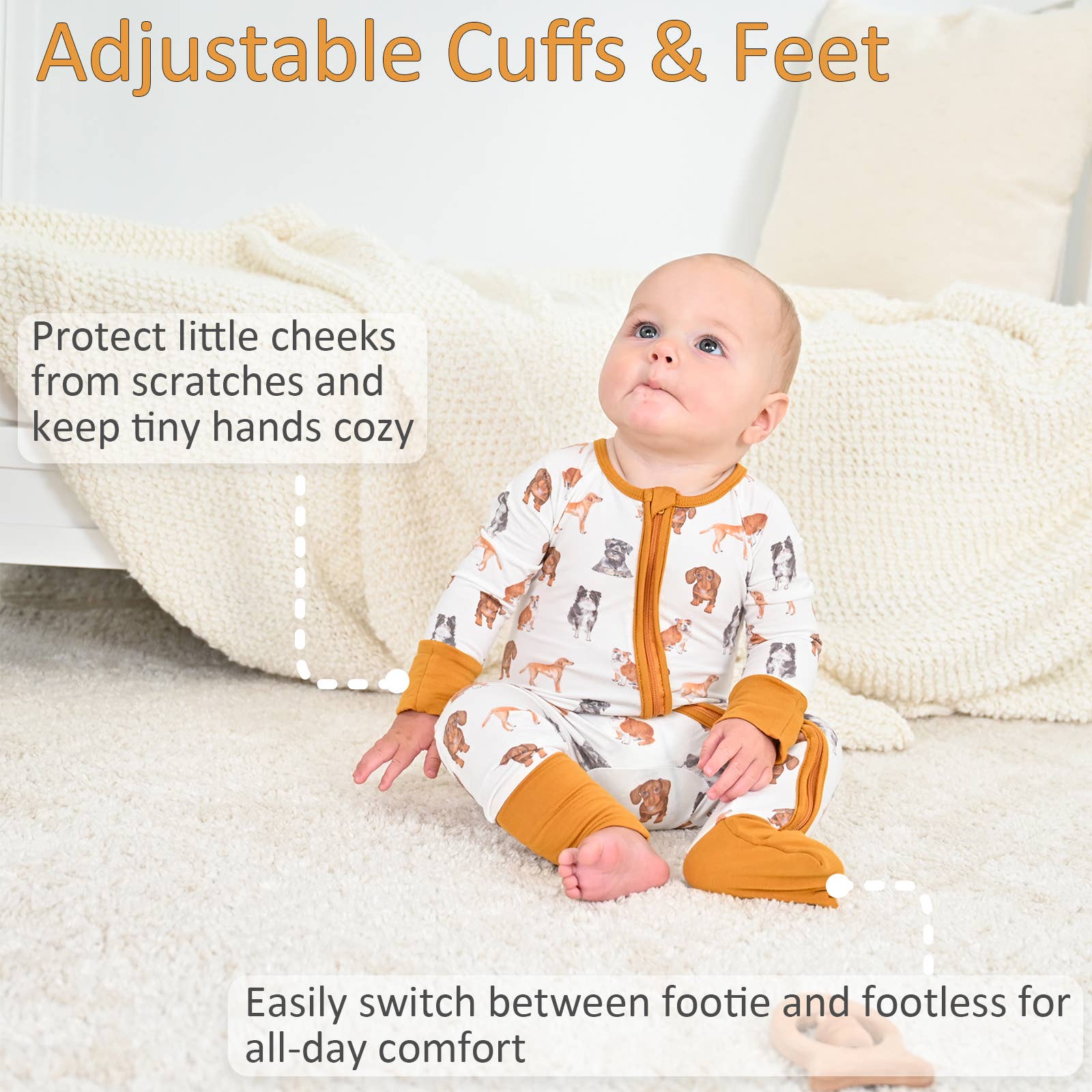 Woof Woof Dogs Baby Bamboo Pajamas, 2-Way Zipper