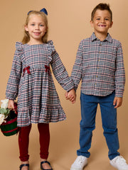 Boys Classic Dark Navy Houndstooth Long Sleeve Button Down Shirt