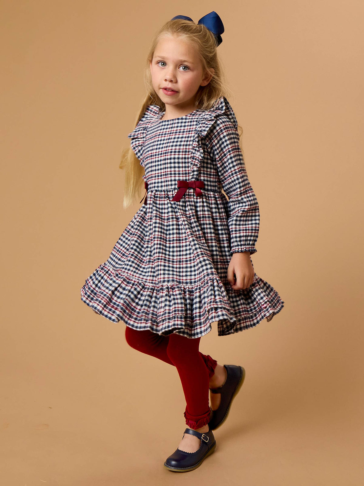 Girls Classic Dark Navy Houndstooth Woven Long Sleeve Waterfall Bow Dress