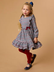 Girls Classic Dark Navy Houndstooth Woven Long Sleeve Waterfall Bow Dress