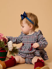 Baby Girls Classic Dark Navy Houndstooth Woven Long Sleeve Waterfall Bow Swing Top & Ruffle Bloomer Set