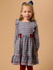 Girls Classic Dark Navy Houndstooth Woven Long Sleeve Waterfall Bow Dress