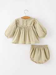 Gingham Baby Romper with Long Sleeve Puff Design