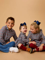 Boys Classic Dark Navy Houndstooth Long Sleeve Button Down Shirt