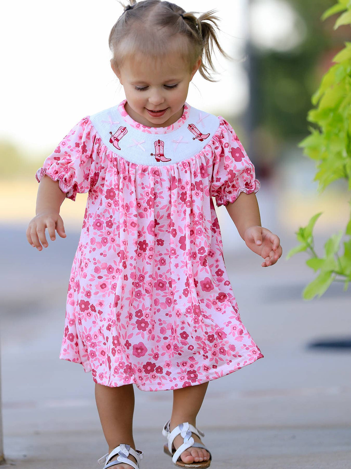 Boots Smocking Embroidered Short Sleeve Floral Dress