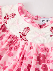 Boots Smocking Embroidered Short Sleeve Floral Baby Girl Romper