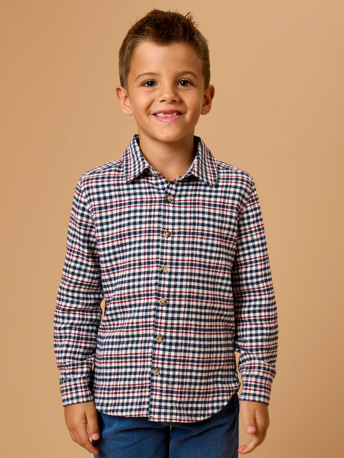 Boys Classic Dark Navy Houndstooth Long Sleeve Button Down Shirt