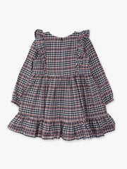 Girls Classic Dark Navy Houndstooth Woven Long Sleeve Waterfall Bow Dress