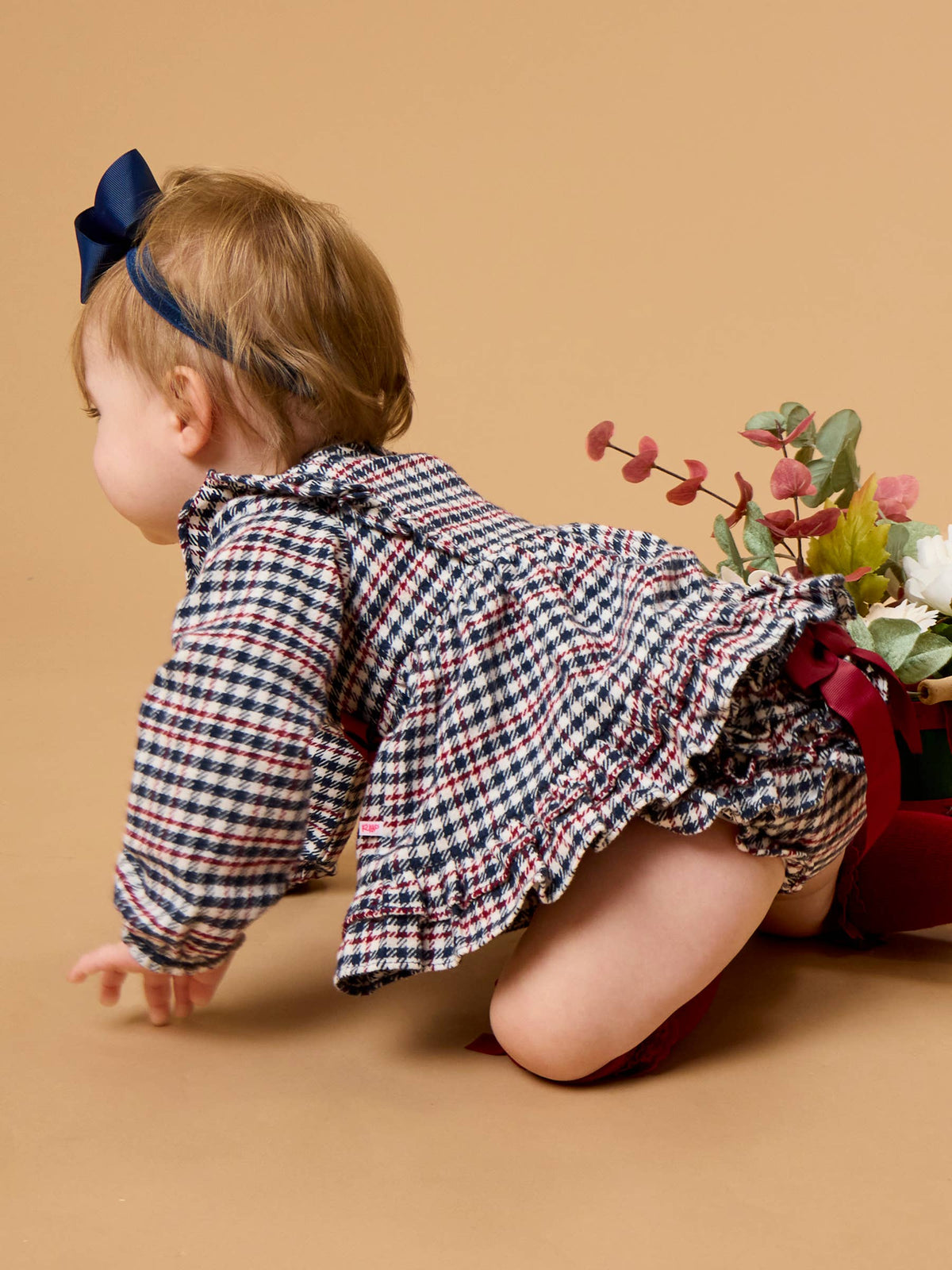 Baby Girls Classic Dark Navy Houndstooth Woven Long Sleeve Waterfall Bow Swing Top & Ruffle Bloomer Set