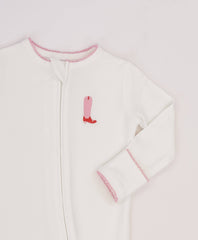 Pip Embroidered Zip Romper -Pink Boot